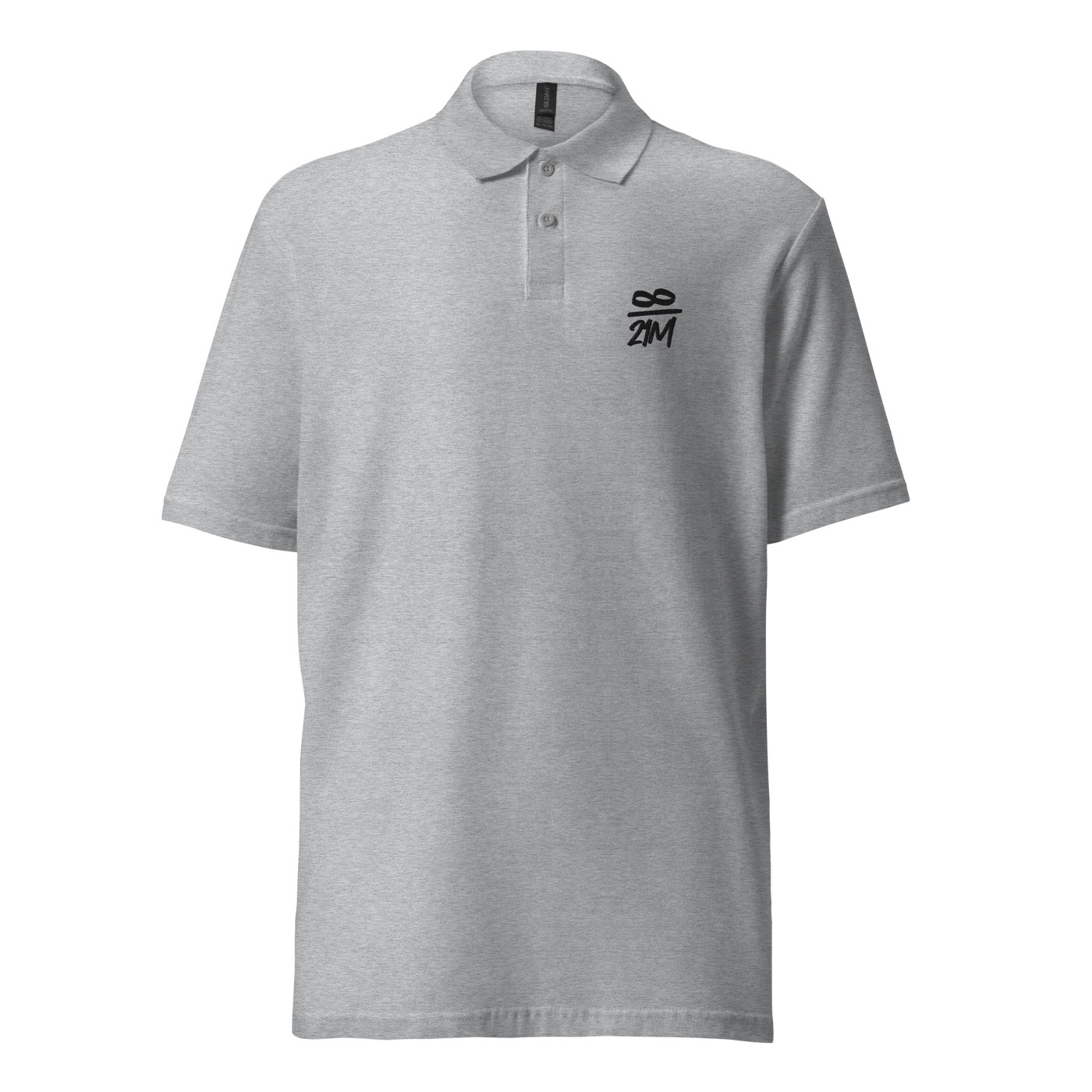 Infinity 21M pique bitcoin polo shirt in Sport Grey, front view: a small white infinity symbol over 21M on the left chest.