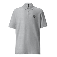 Infinity 21M pique bitcoin polo shirt in Sport Grey, front view: a small white infinity symbol over 21M on the left chest.