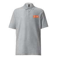 Emergency Exit pique bitcoin polo shirt in Sport Grey, front view: a small orange emergency exit sign on the left chest.