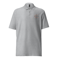 Elliptic Curve Cryptography pique bitcoin polo shirt in Sport Grey, front view: a small orange and white elliptic curve symbol on the left chest.