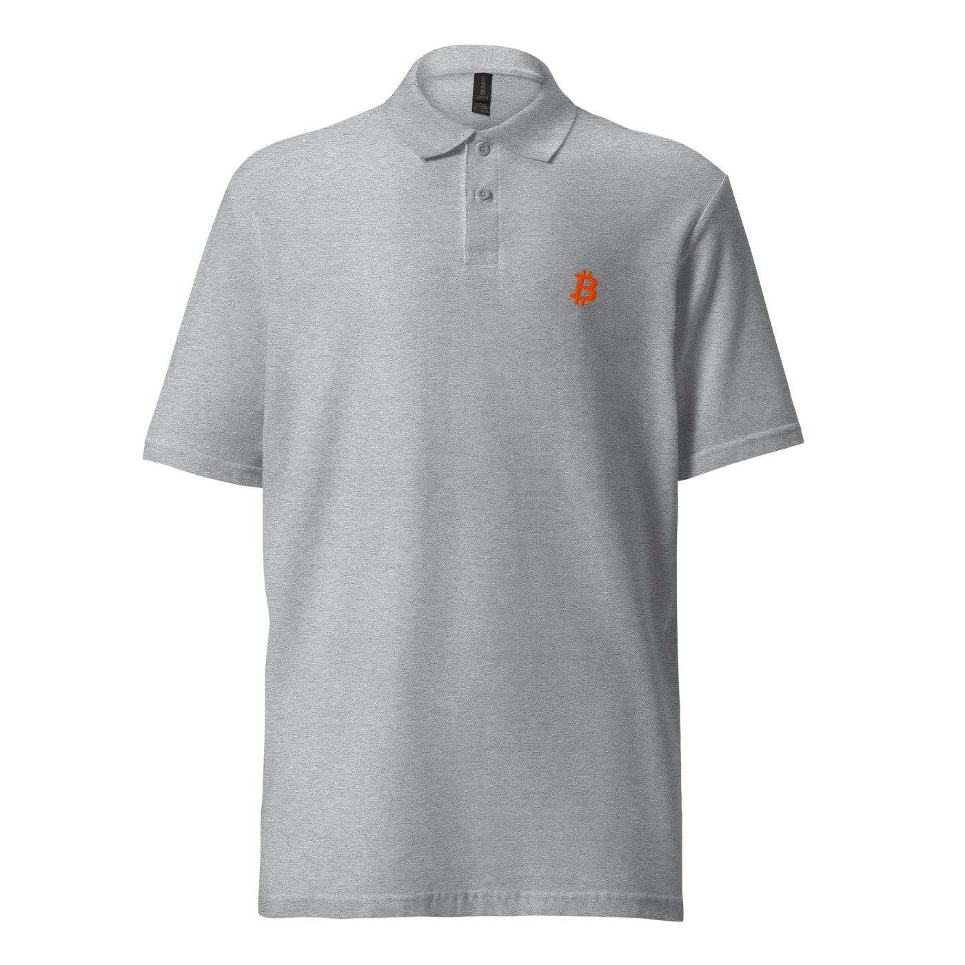 Bitcoin B pique bitcoin polo shirt in Sport Grey, front view: a small orange bitcoin symbol on the left chest.