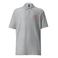 Circuit Board pique bitcoin polo shirt in Sport Grey, front view: a small orange bitcoin B of circuit board traces on the left chest.