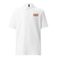 Front view of a white embroidered bitcoin polo shirt.