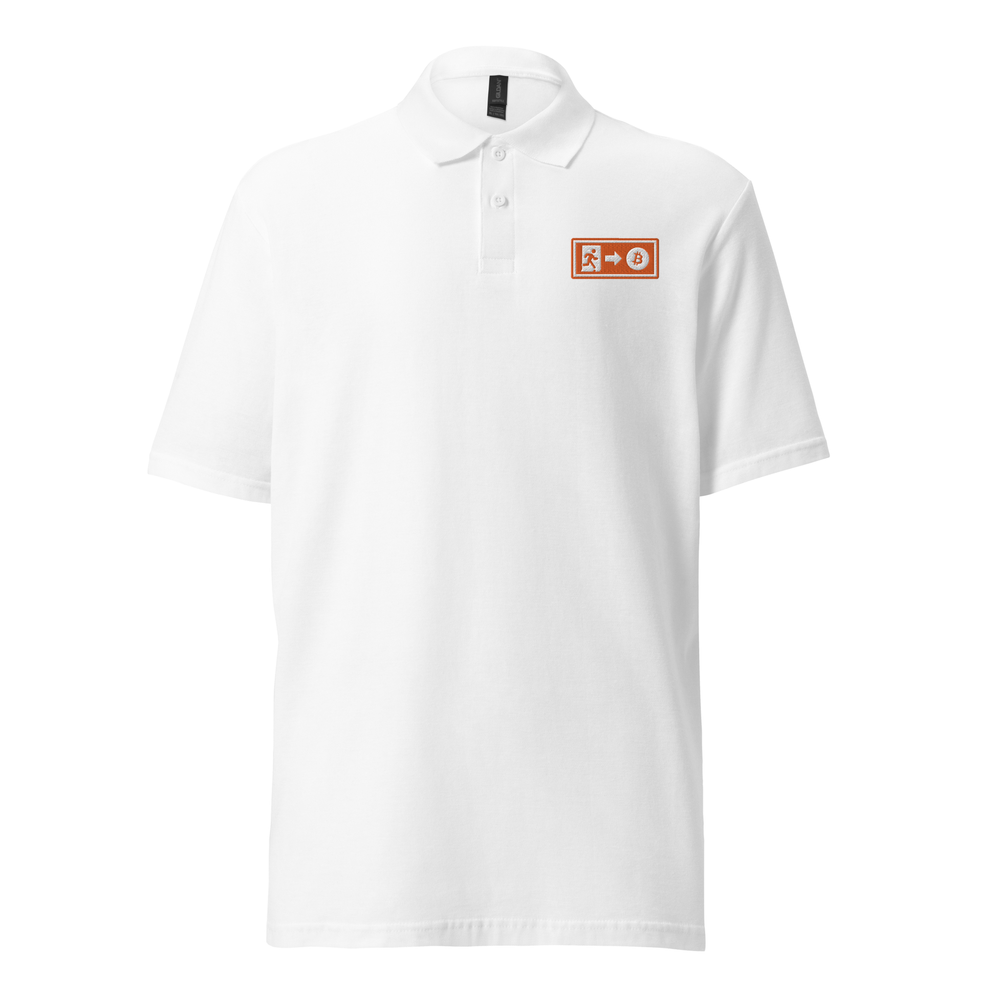 Front view of a white embroidered bitcoin polo shirt.