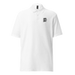 Front view of a white embroidered bitcoin polo shirt.