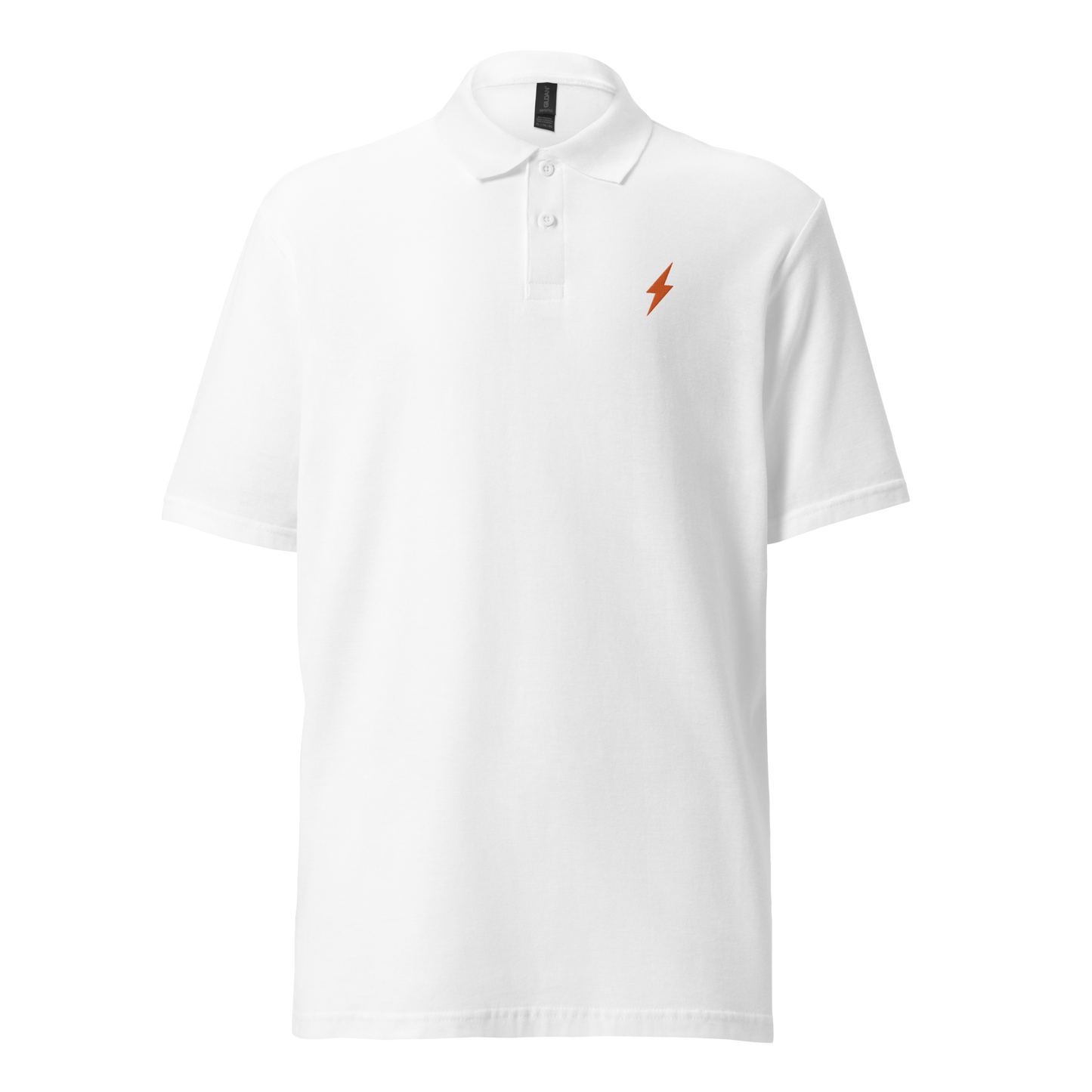 Front view of a white embroidered bitcoin polo shirt.