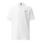 Front view of a white embroidered nostr polo shirt.