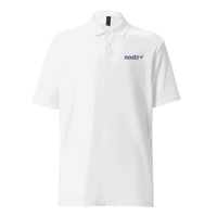 Nostr polo shirt with OEKO-TEX certification logo promoting censorship-free social networks