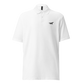 Front view of a white embroidered bitcoin polo shirt.