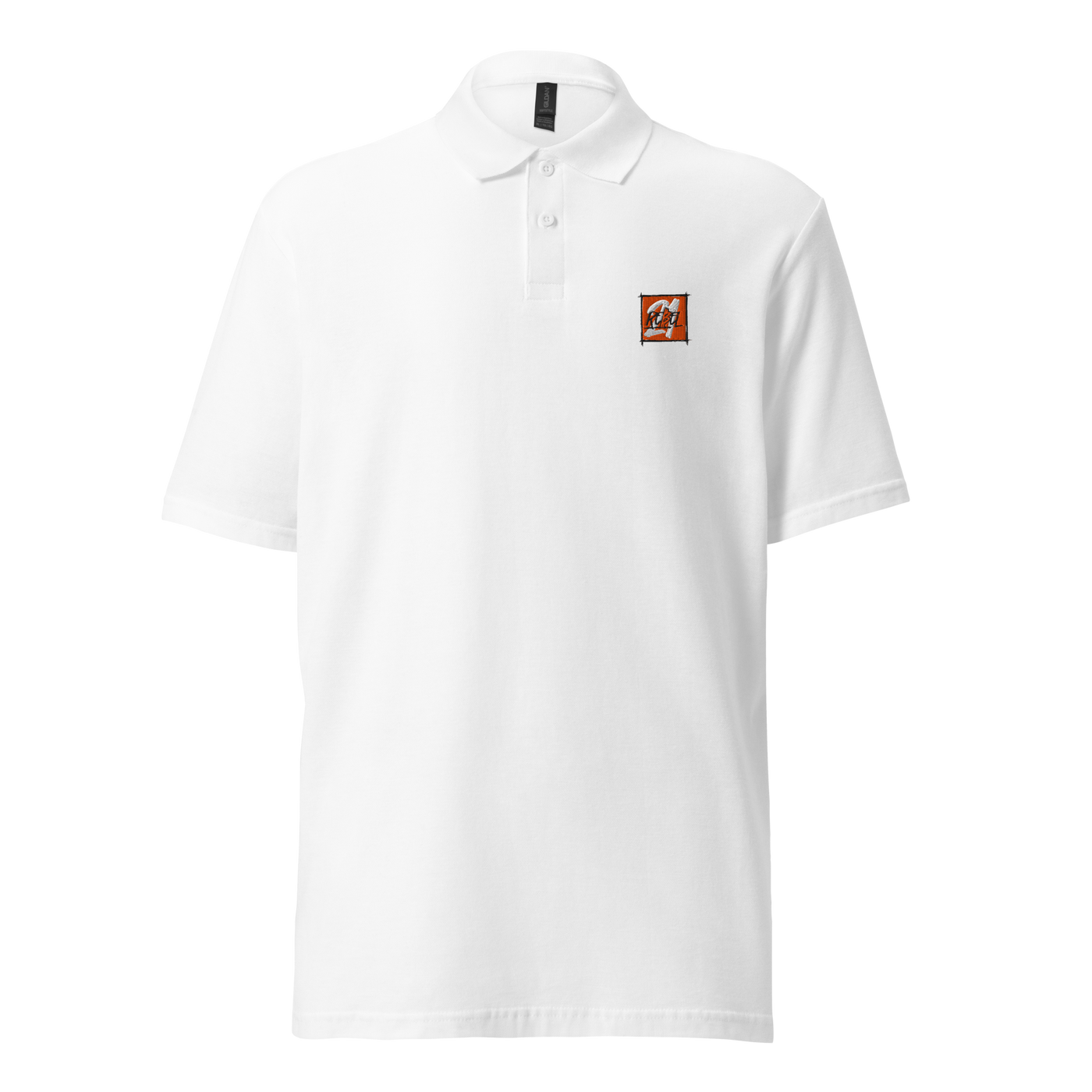 21 Rebel pique bitcoin polo shirt in White, front view: a small orange 21 Rebel badge on the left chest.