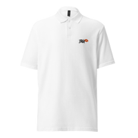 TINA pique bitcoin polo shirt in White, front view: TINA in small white letters with orange lips on the left chest.