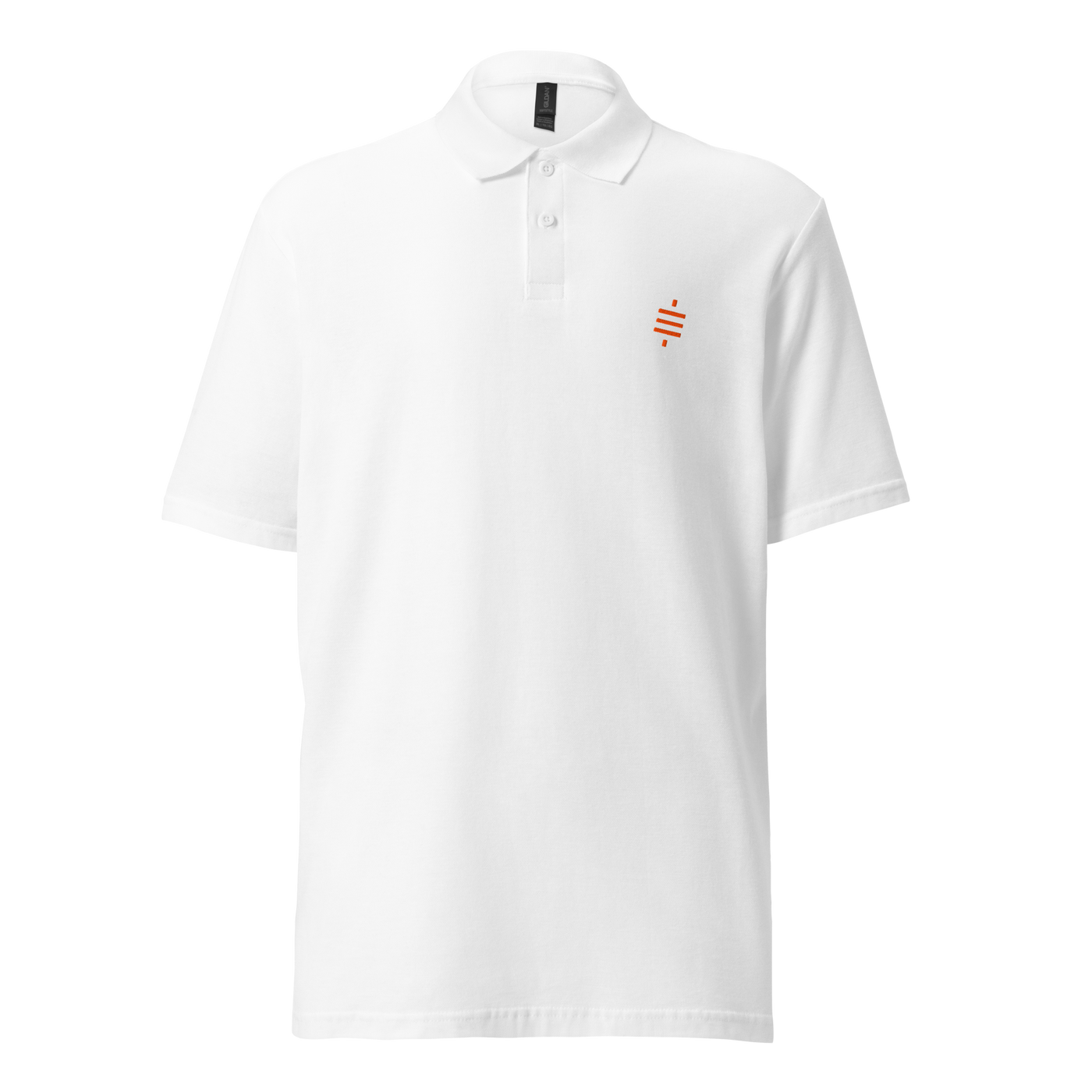 Sats Symbol pique bitcoin polo shirt in White, front view: a small orange sats symbol on the left chest.