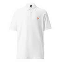 Sats Symbol pique bitcoin polo shirt in White, front view: a small orange sats symbol on the left chest.
