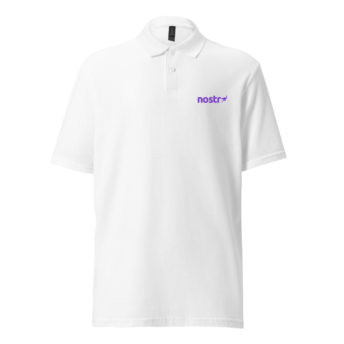 Nostr pique nostr polo shirt in White, front view: the nostr wordmark in small purple letters on the left chest.
