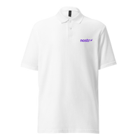 Nostr pique nostr polo shirt in White, front view: the nostr wordmark in small purple letters on the left chest.