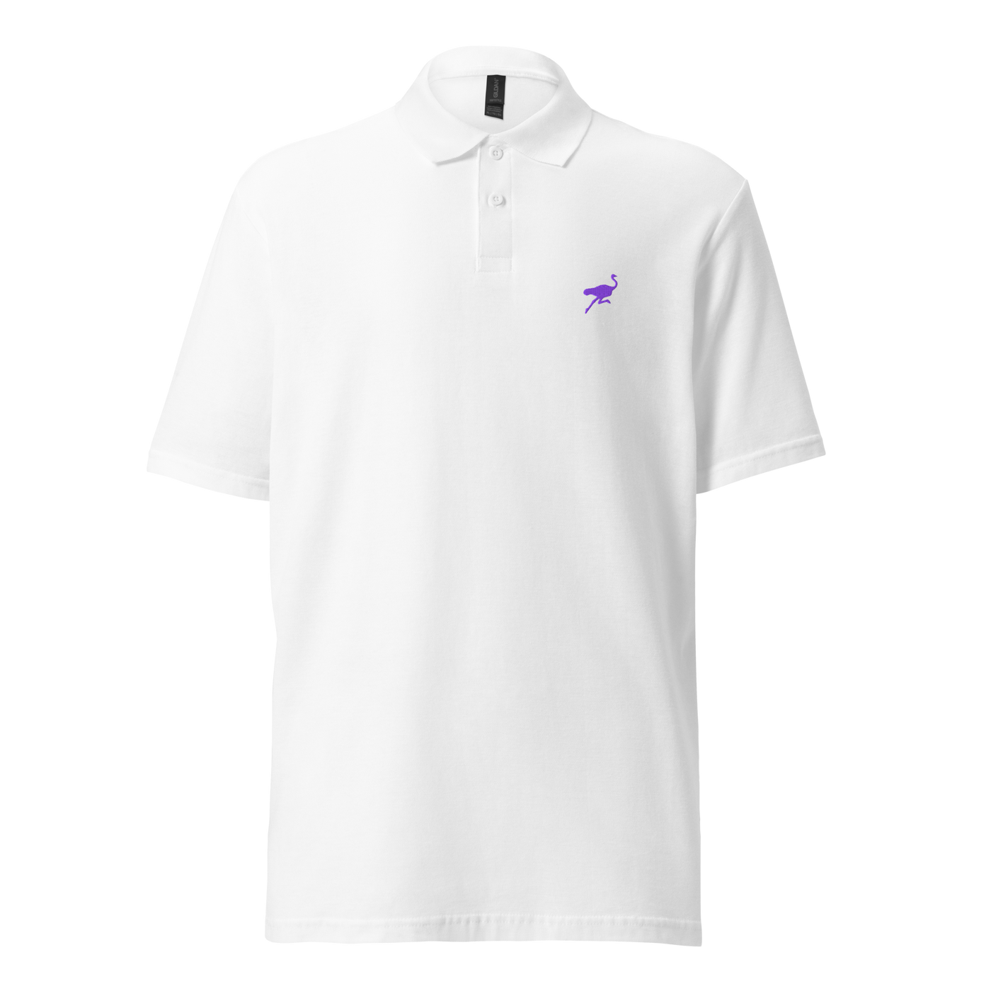 Nostrich Polo Shirt pique nostr polo shirt in White, front view: a small purple ostrich on the left chest.
