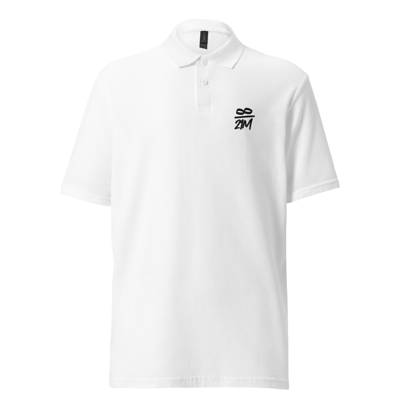 Infinity 21M pique bitcoin polo shirt in White, front view: a small white infinity symbol over 21M on the left chest.