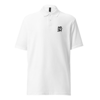 Infinity 21M pique bitcoin polo shirt in White, front view: a small white infinity symbol over 21M on the left chest.