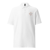 Elliptic Curve Cryptography pique bitcoin polo shirt in White, front view: a small orange and white elliptic curve symbol on the left chest.