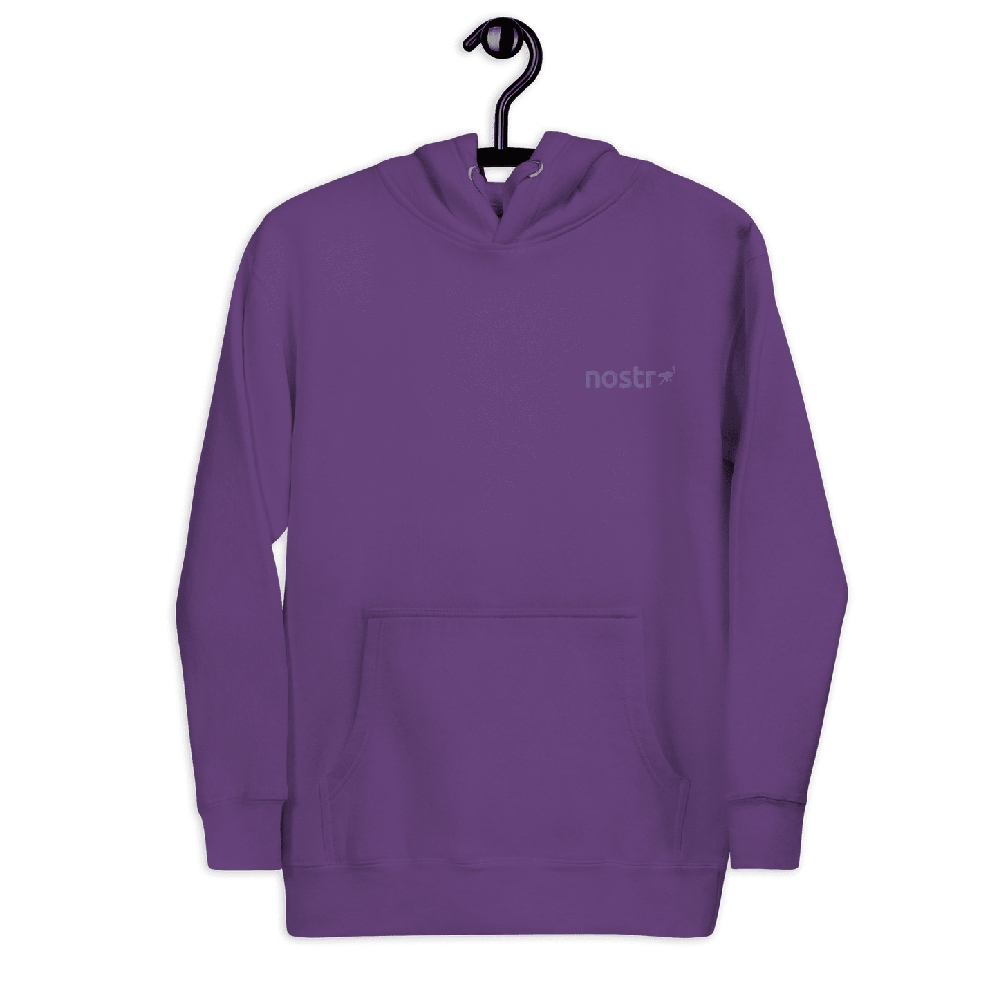 Front view of a embroidered purple nostr hoodie.