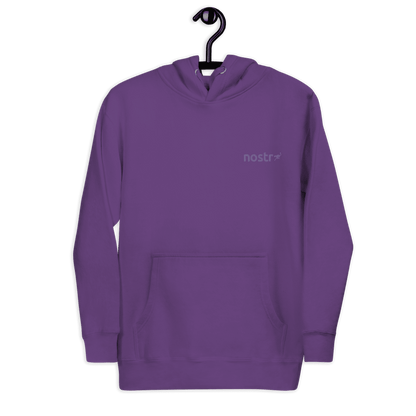 Front view of a embroidered purple nostr hoodie.