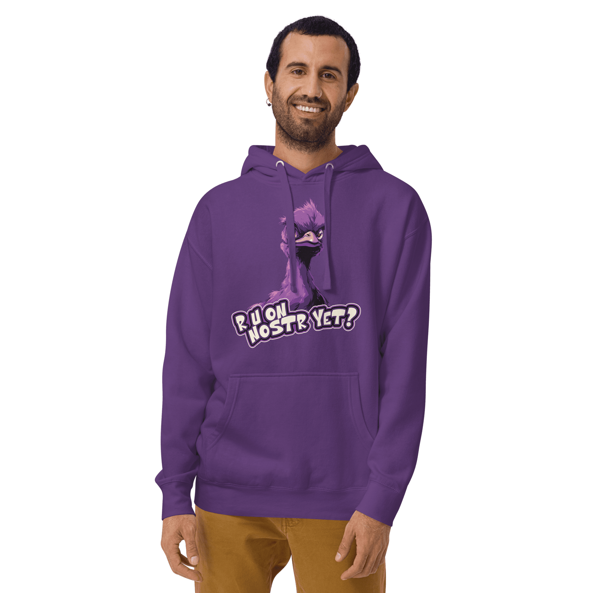Front view of a guy wearing a purple nostr hoodie.