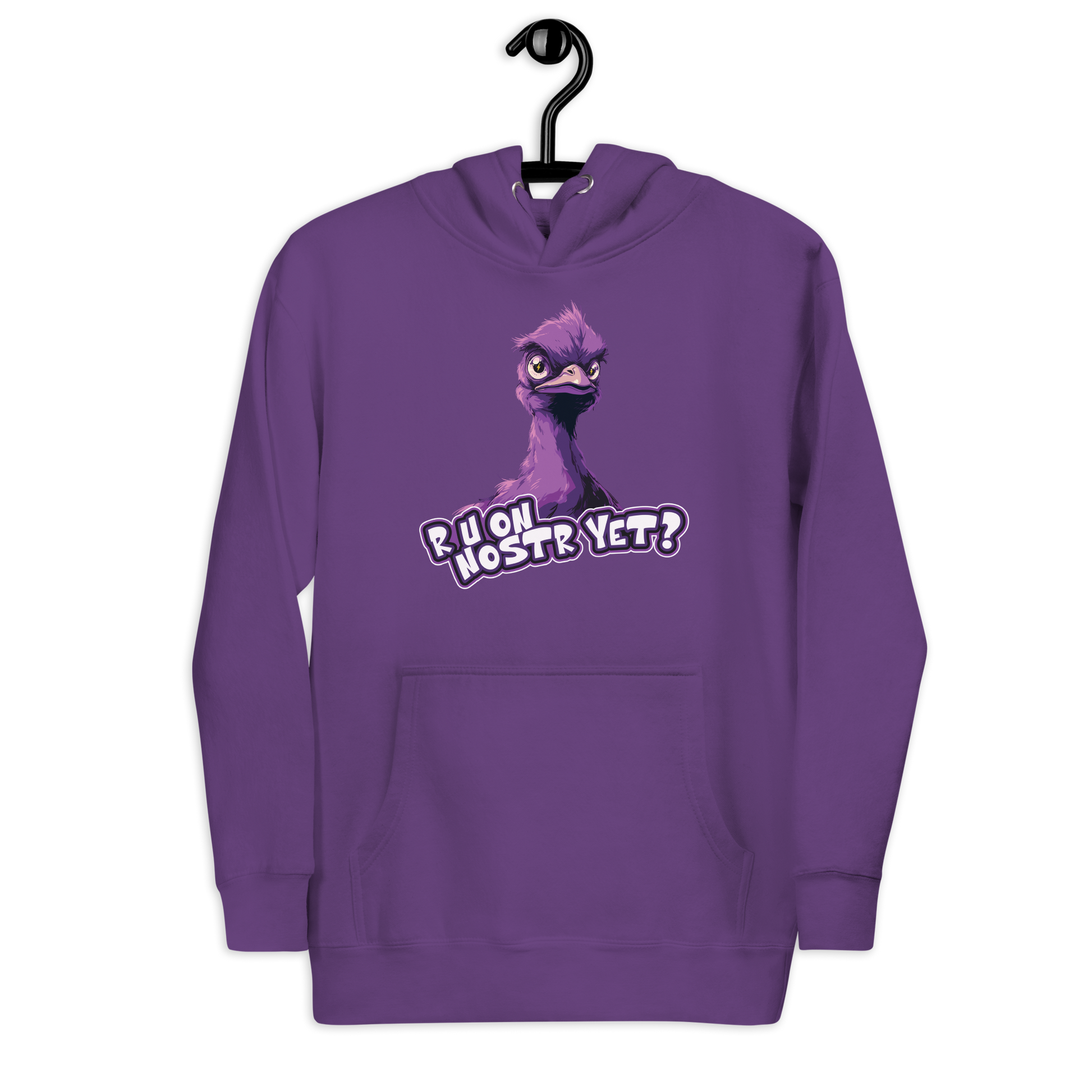 Front view of a purple nostr hoodie.