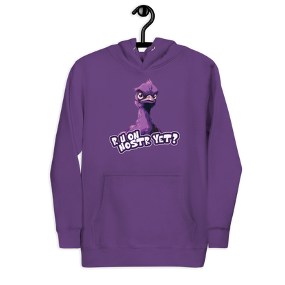 Front view of a purple nostr hoodie.