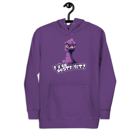 Front view of a purple nostr hoodie.