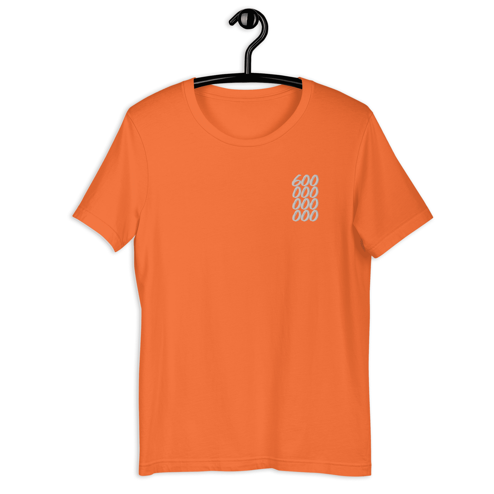 Front view of an orange bitcoin shirt.