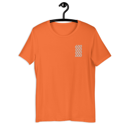 Front view of an orange bitcoin shirt.