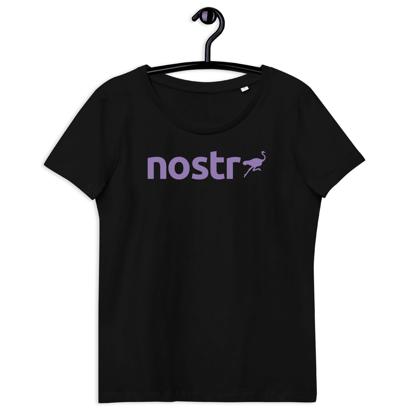 Front view of a black nostr shirt for women.