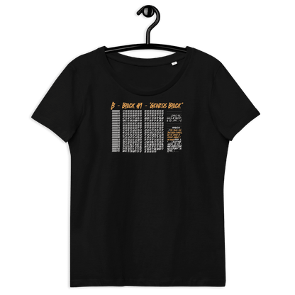 Front view of a black bitcoin shirt for women.