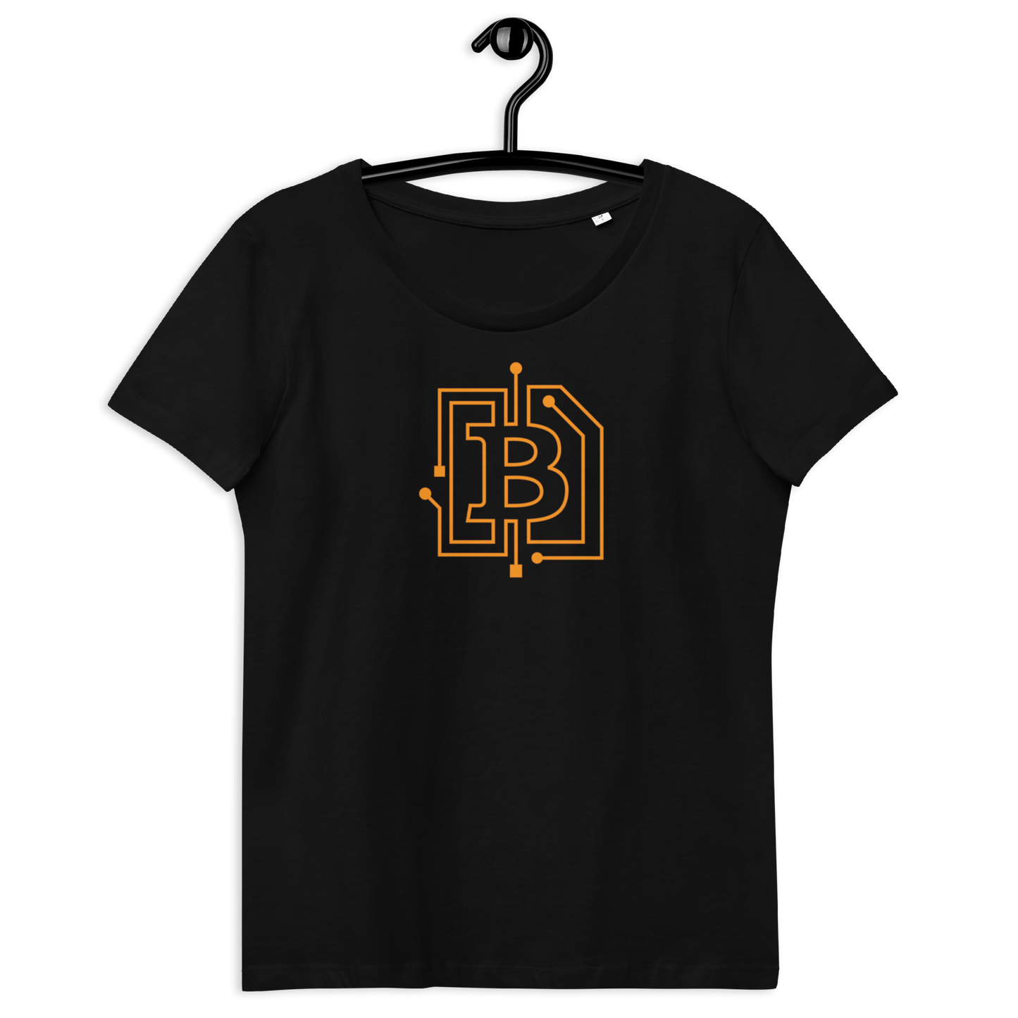 Front view of a black bitcoin shirt for women.