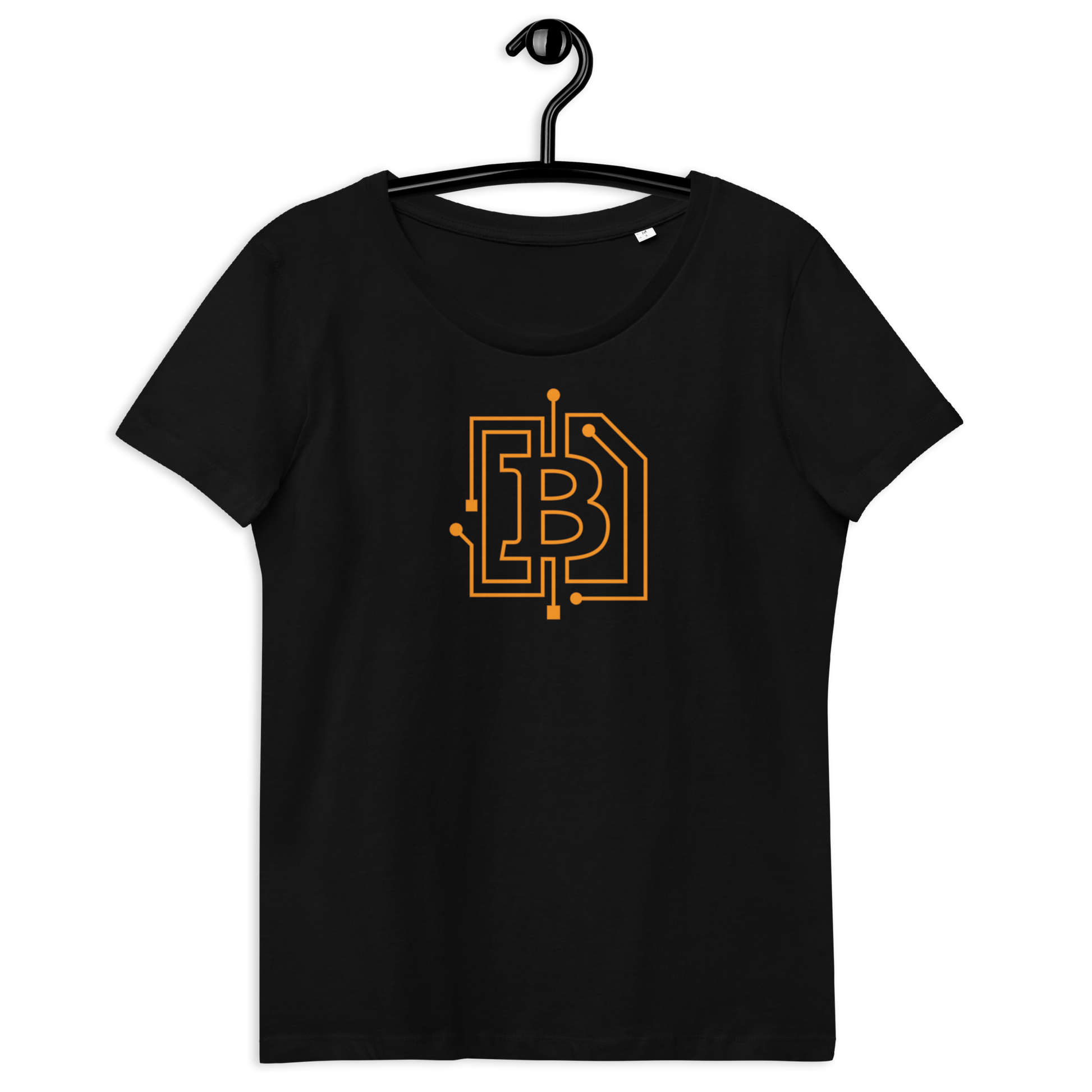 Front view of a black bitcoin shirt for women.