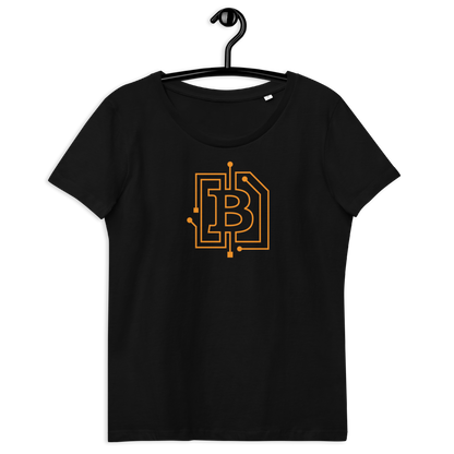 Front view of a black bitcoin shirt for women.