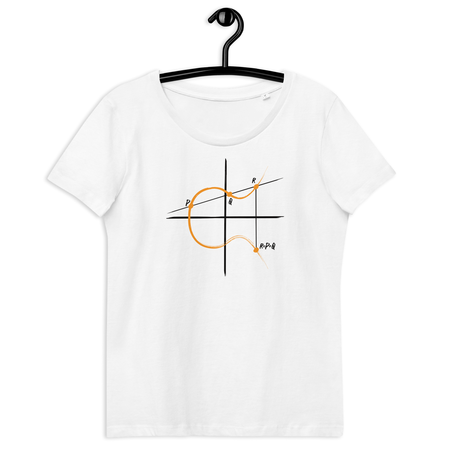 Front view of a white bitcoin shirt for women.