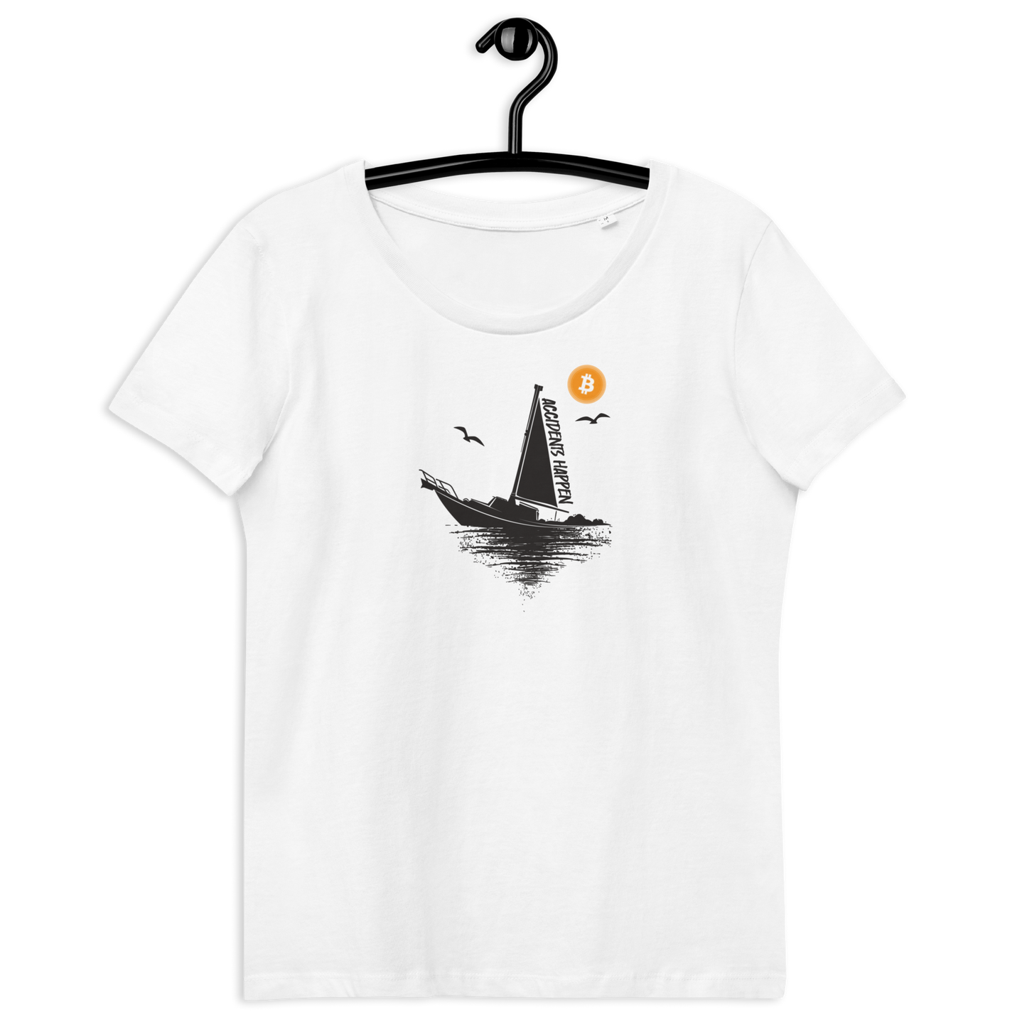 Front view of a white bitcoin shirt for women.