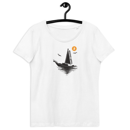 Front view of a white bitcoin shirt for women.