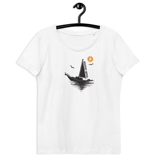 Front view of a white bitcoin shirt for women.