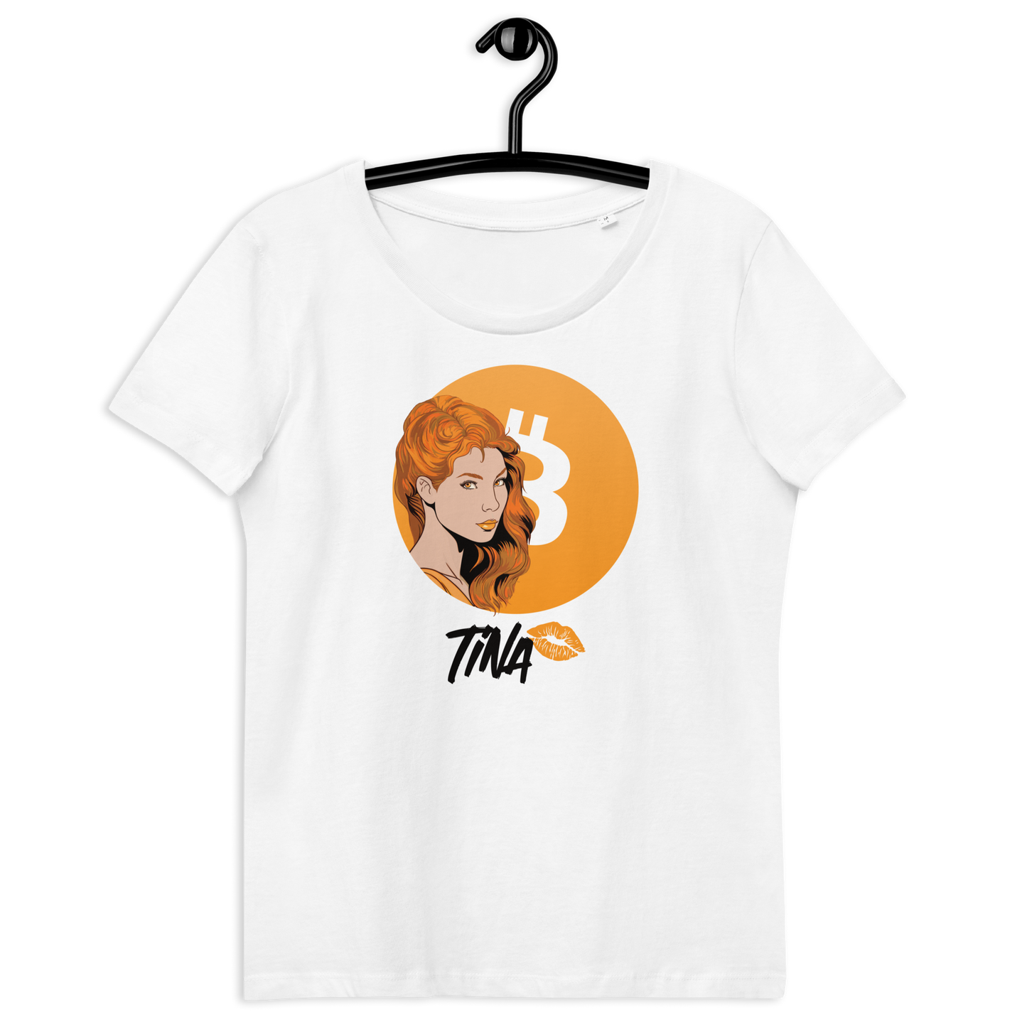 Front view of a white bitcoin shirt for women.