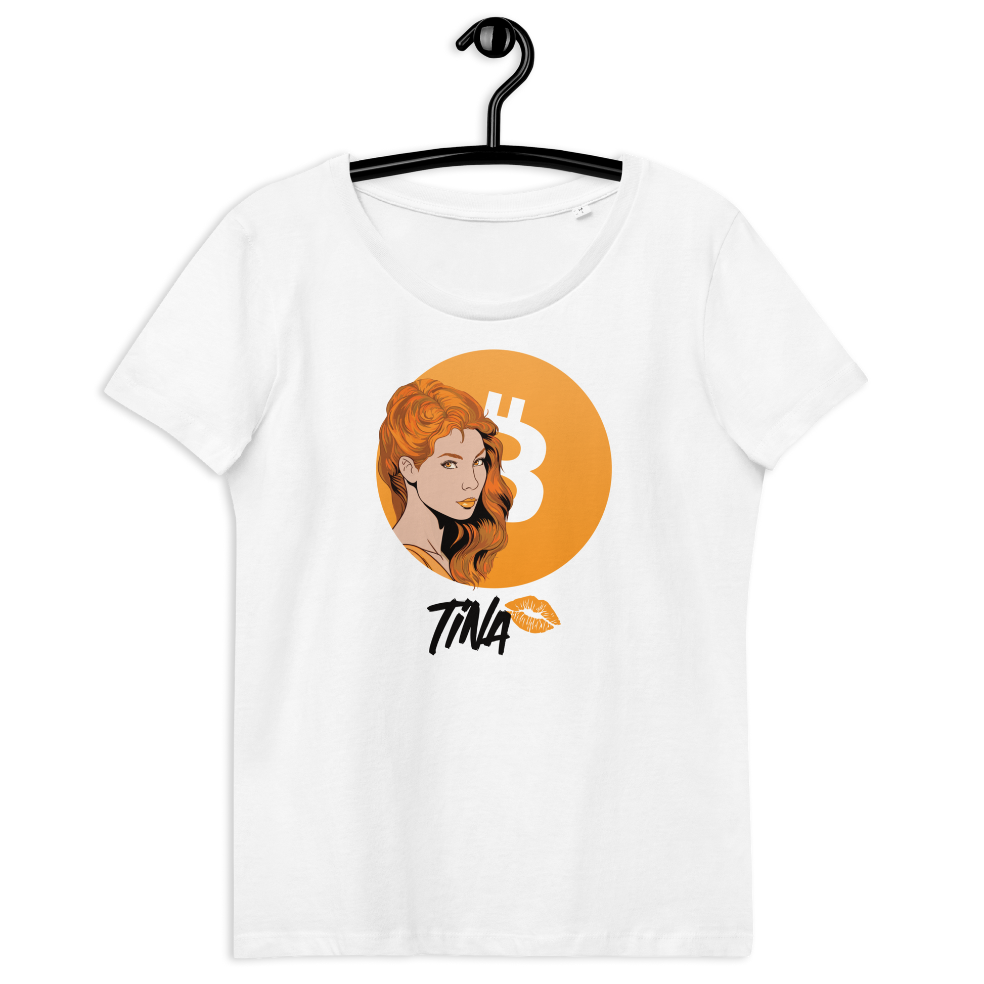 Front view of a white bitcoin shirt for women.