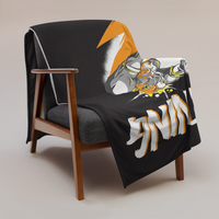 Zeus Supporter Bitcoin throw blanket draped over a wooden armchair, showing the design across the full width of the blanket.