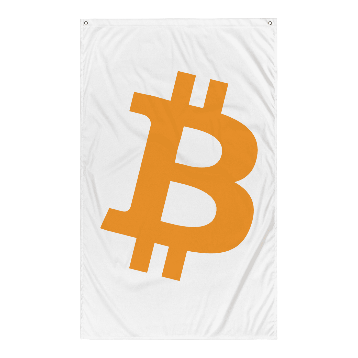 Bitcoin flag with large orange Bitcoin symbol on white polyester fabric.