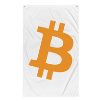 Bitcoin flag with large orange Bitcoin symbol on white polyester fabric.