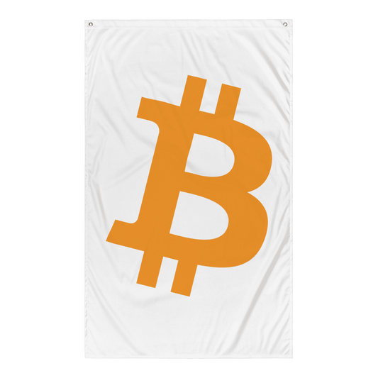 Front view of a white bitcoin flag.