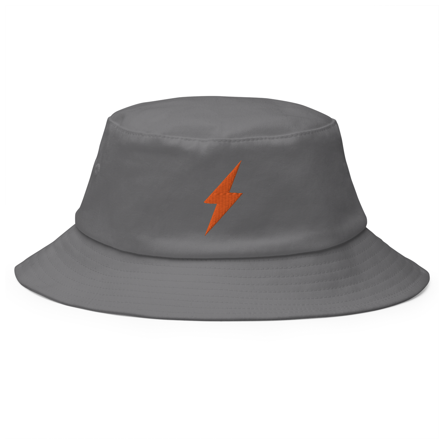 Front view of a grey bitcoin bucket hat.