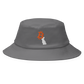 Front view of a grey bitcoin bucket hat.