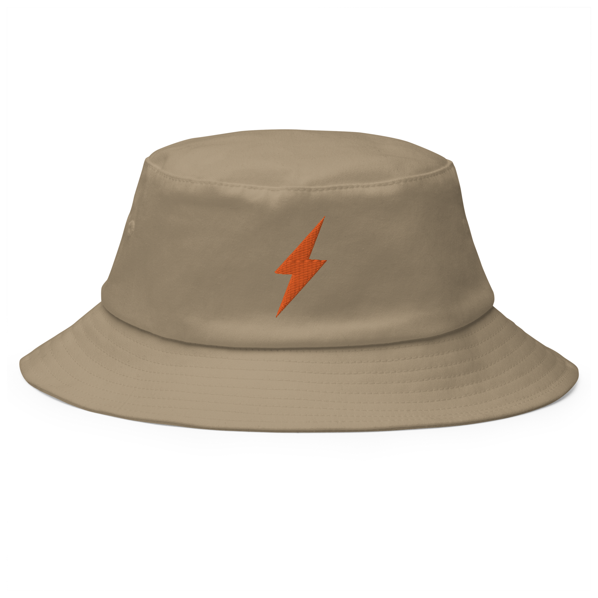 Front view of a khaki bitcoin bucket hat.