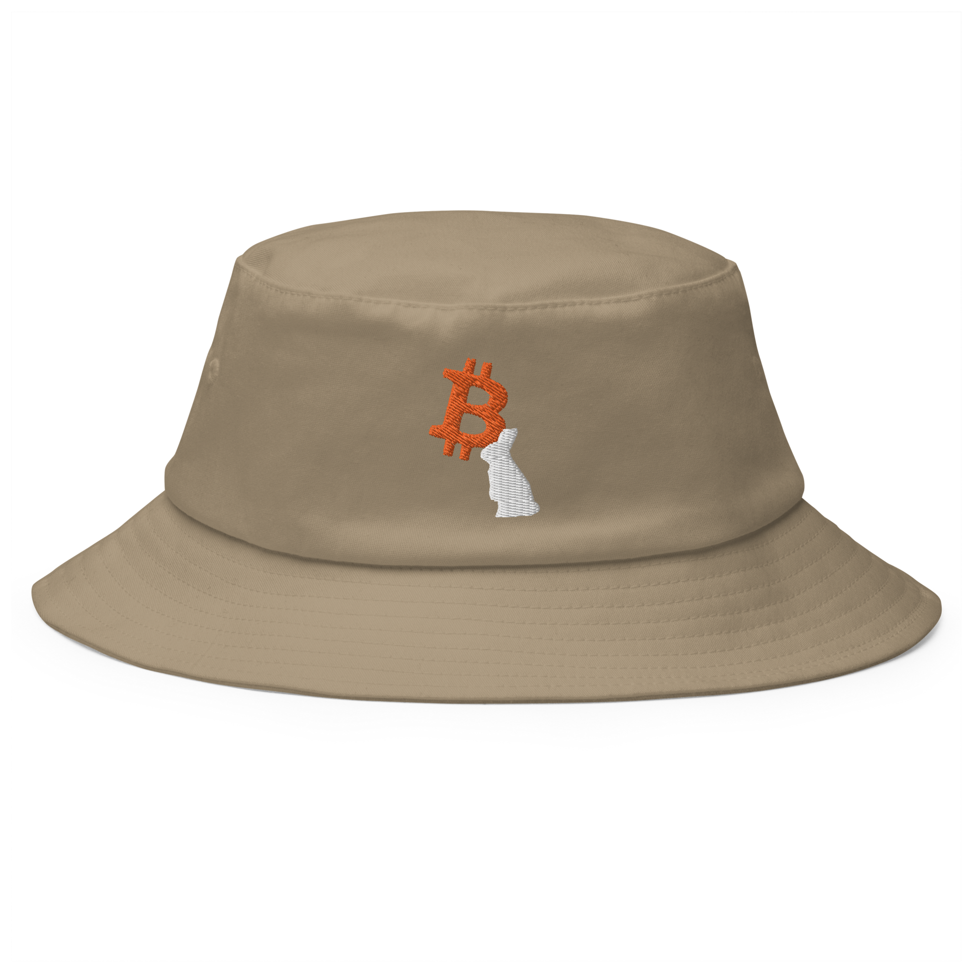 Front view of a khaki bitcoin bucket hat.